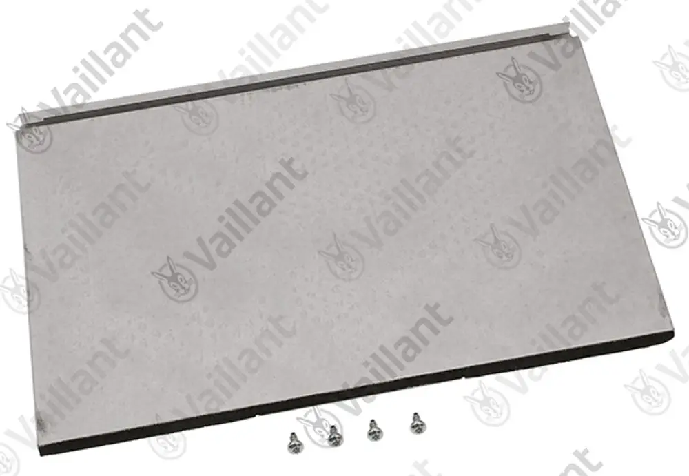 Metallplatte von Vaillant mit vier Schrauben, leicht verziert, auf hellem Hintergrund. Die Platte scheint Teil eines Heizungs- oder Kesselsystems zu sein.
